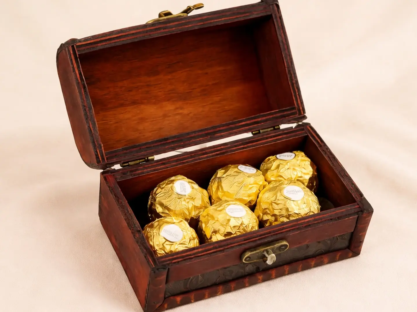 علبة شوكولاتة فيريرو الخشبية مع هدية مفاجئة