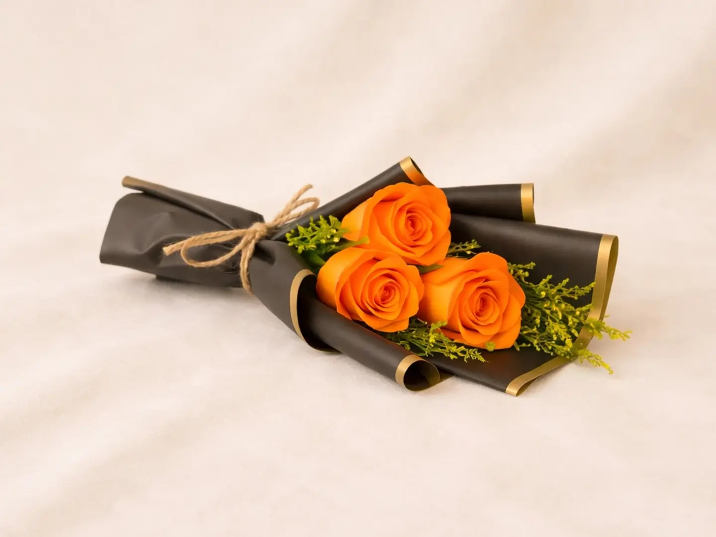 ثلاث وردات برتقالية مغلفة بشكل جميل كهدية