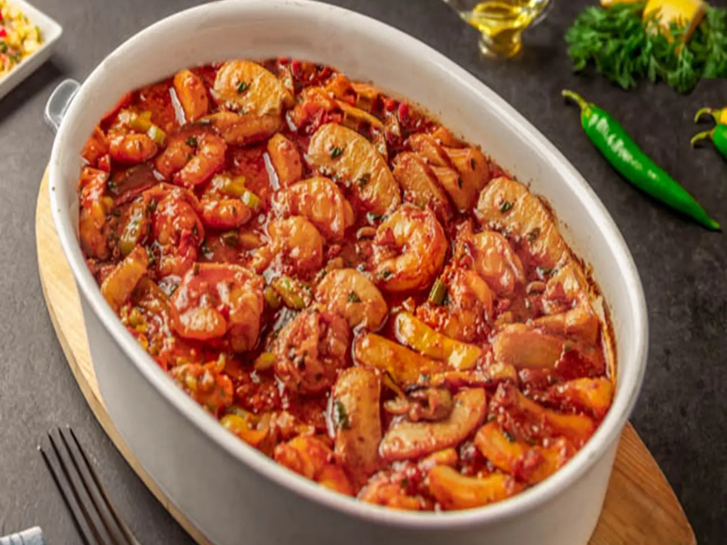 طاجن مكرونة جمبري صوص أحمر