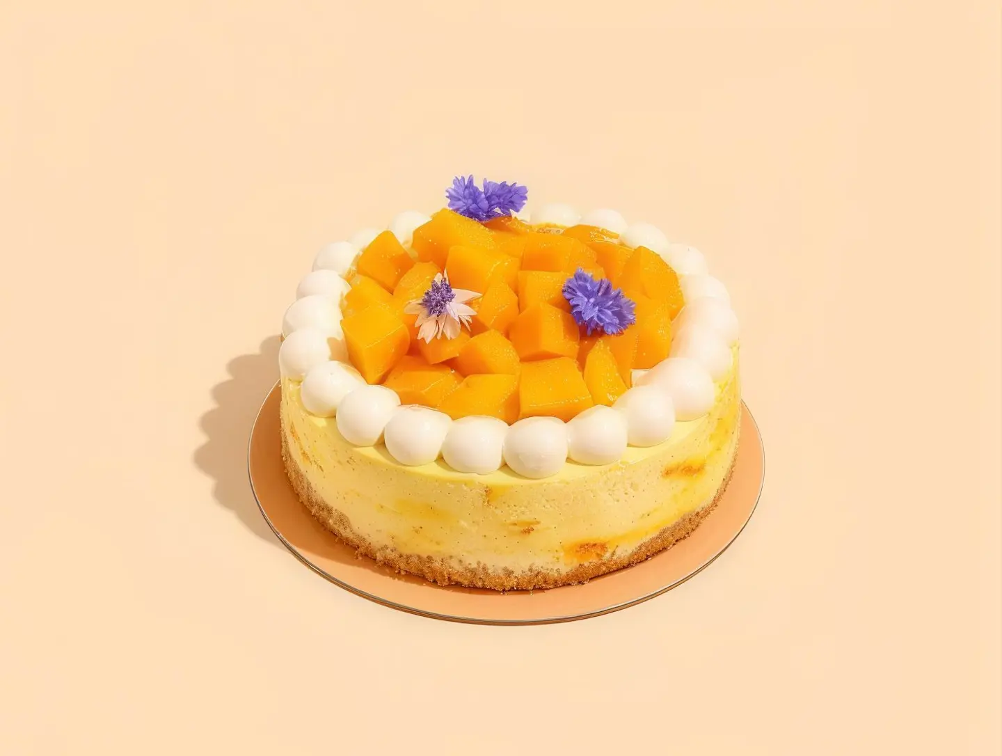 تشيزكيك بالمنجا و الزعفران مع طبقة كنافة مقرمشة 6 إنش