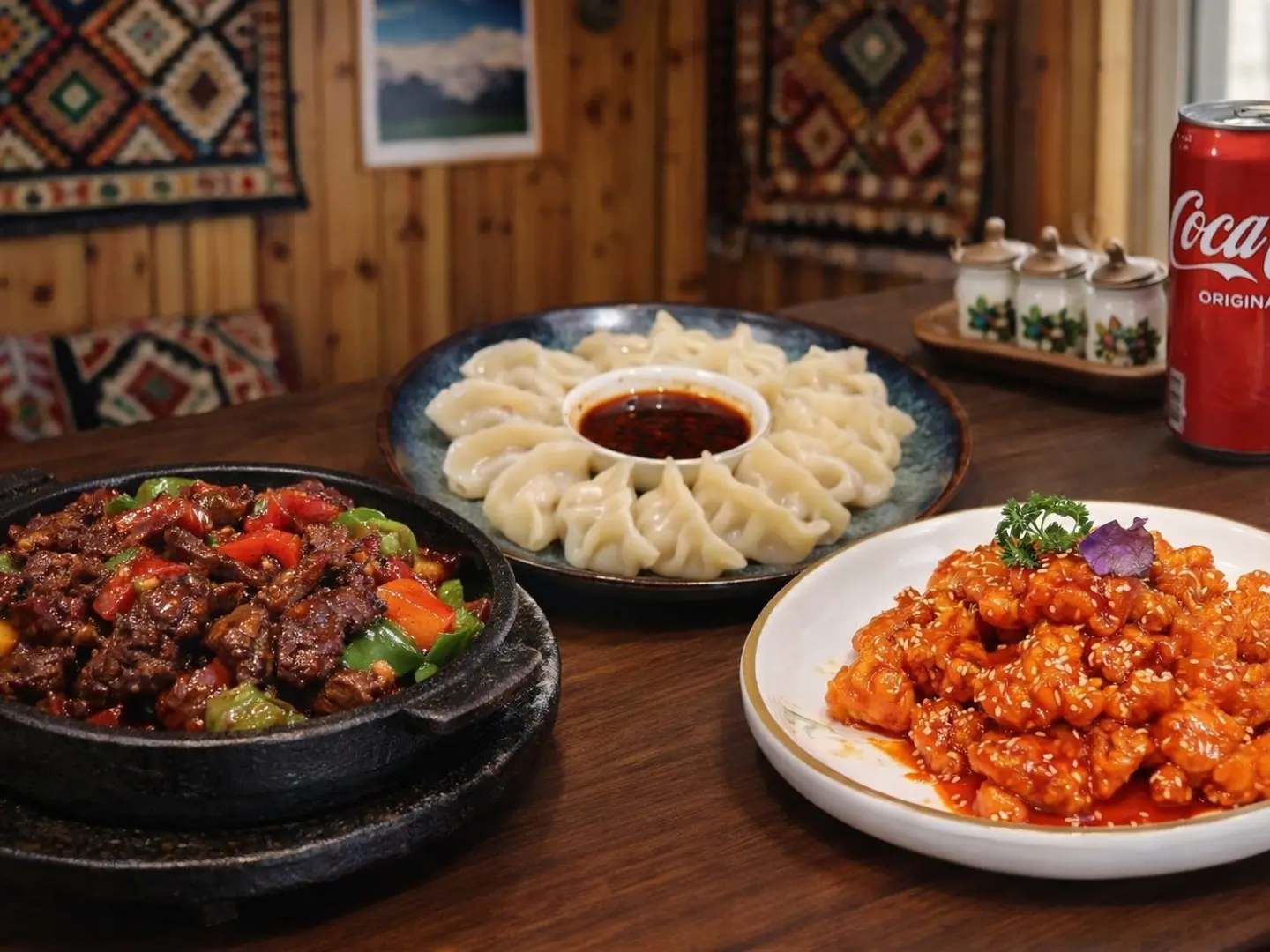 كومبو دامبلينغ دجاج مقلي بصلصة البرتقال لحم بقري مقلي في قدر حجري