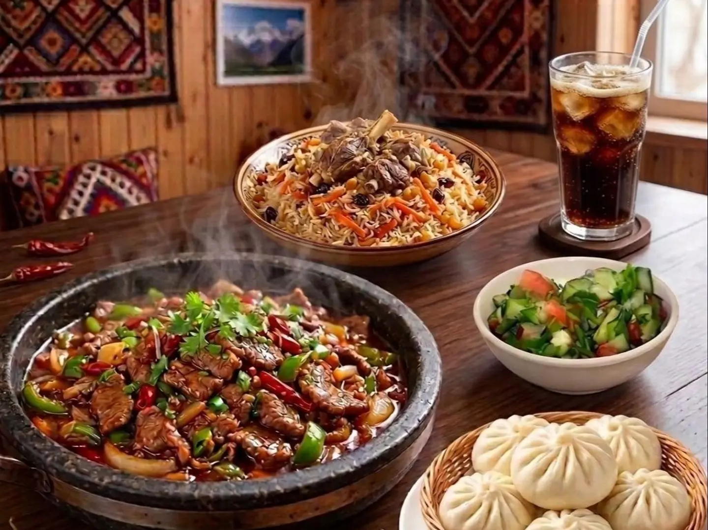 كومبو لحم بقري مقلي بلاو أويغوري خبز مطهو على البخار