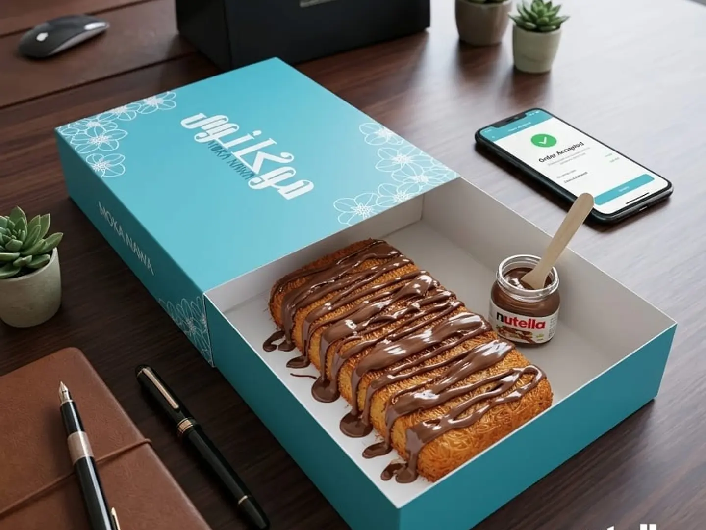 Small Rectangle Kunafa With Cream Nutella Sauce