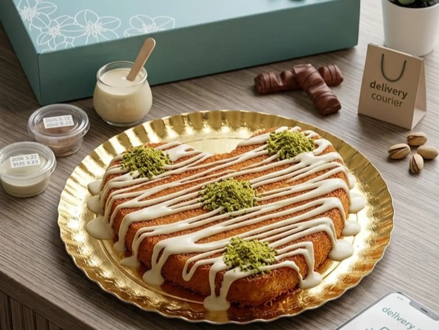 Kunafa With Cream, Toasted Milk, Kinder Sauce, Heart