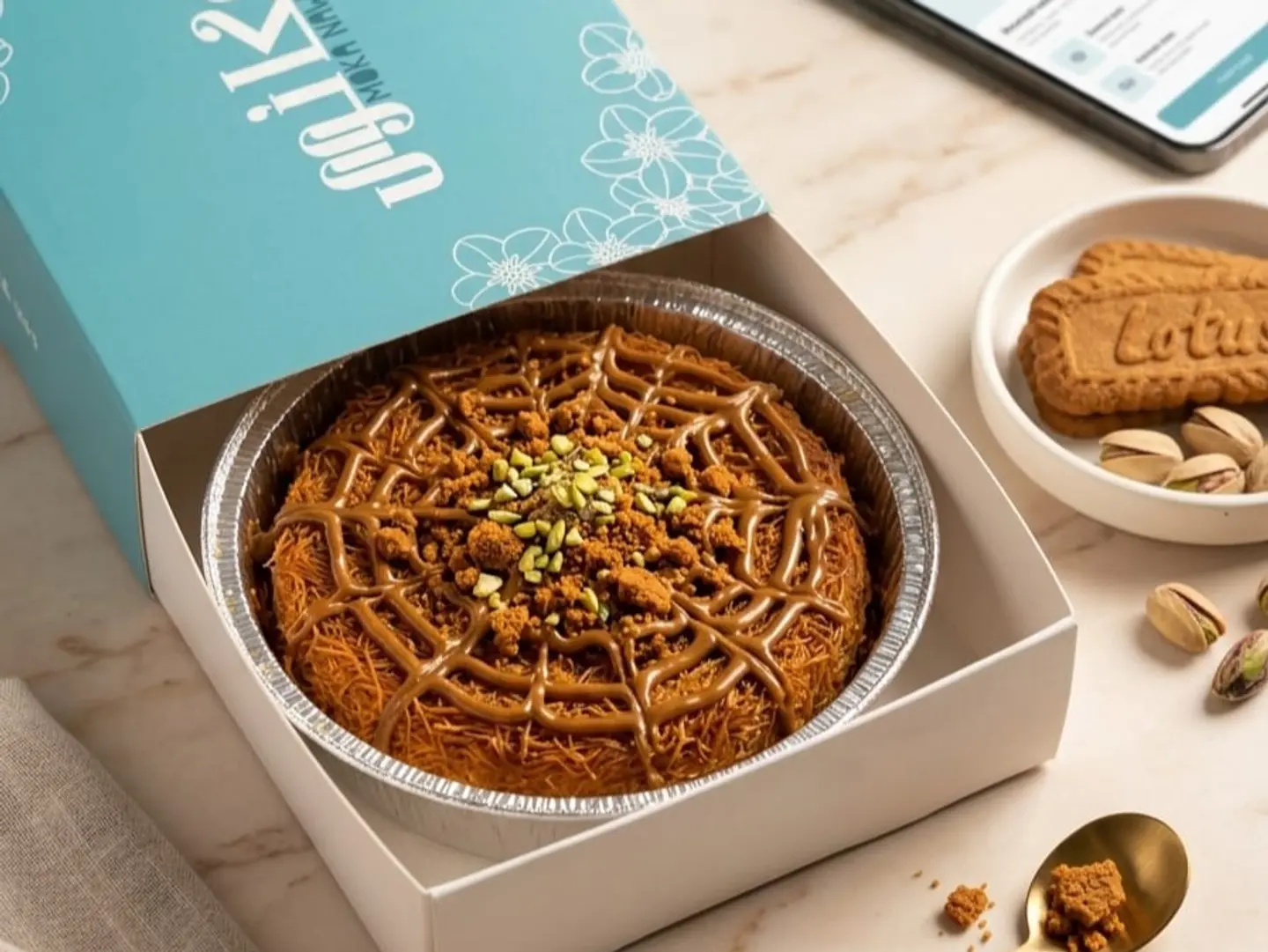 Kunafa With Lotus Filling And Small Lotus Sauce