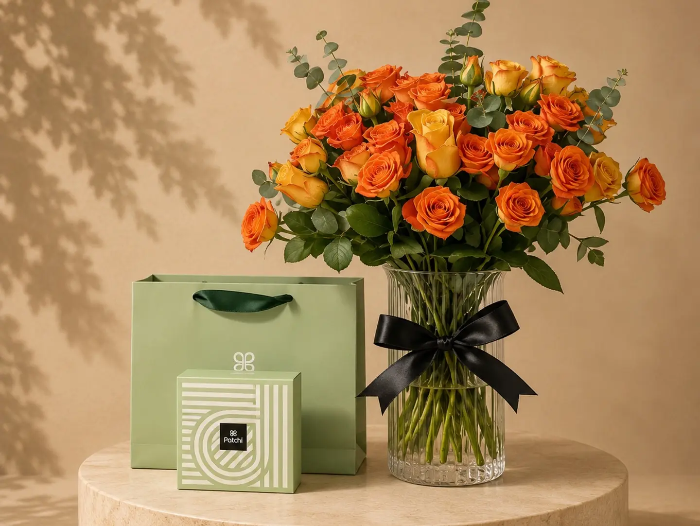 Baby Rose Orange Vase With Patchi Chocolate
