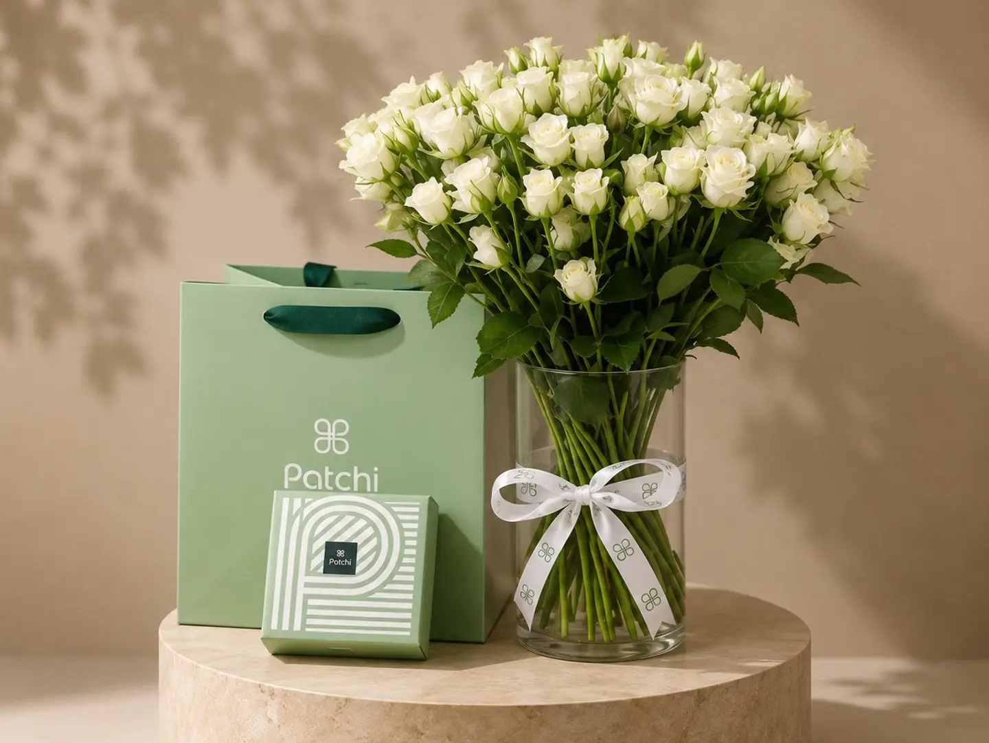 Baby Rose White Vase With Patchi Chocolates