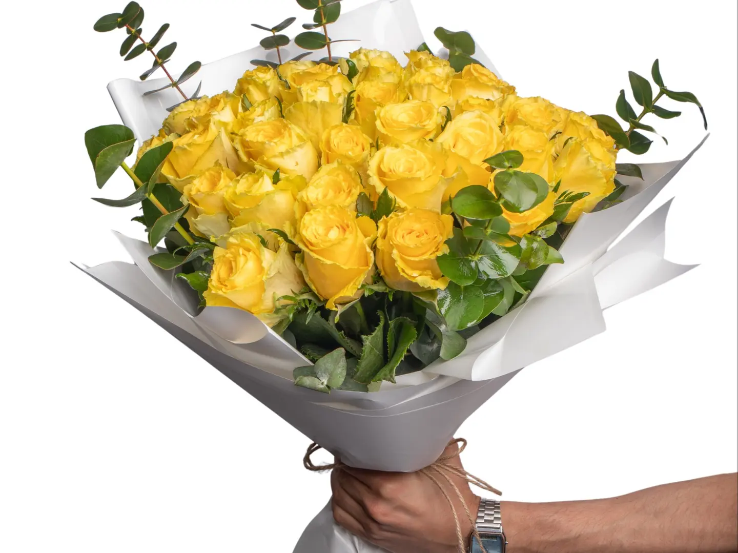 Hand Bouquet Yellow Rose With Eucalyptus