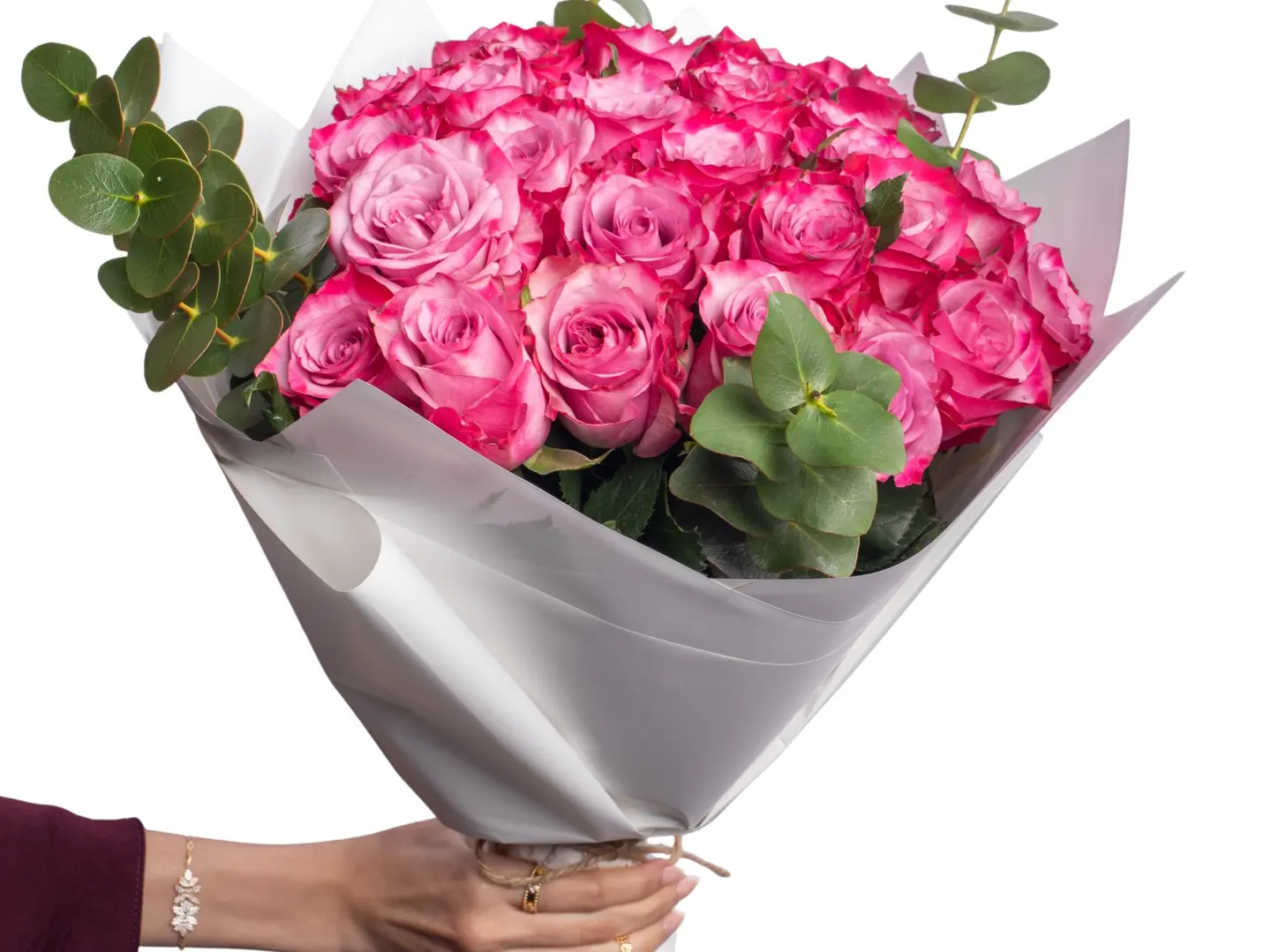 Hand Bouquet 30 Deep Red Rose With Eucalyptus