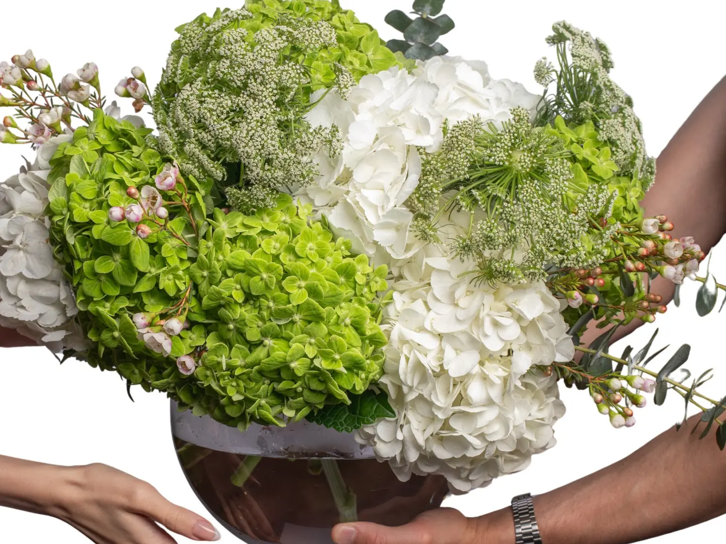White And Green Hydrangea Vase With Mother And White Wax