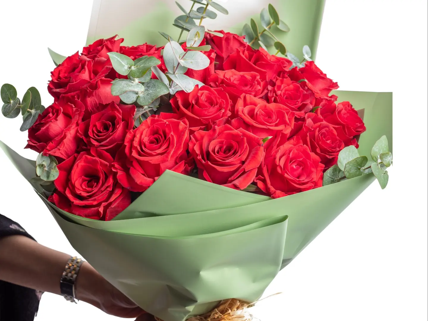 Hand Bouquet Of Red Roses With Eucalyptus 25 Roses