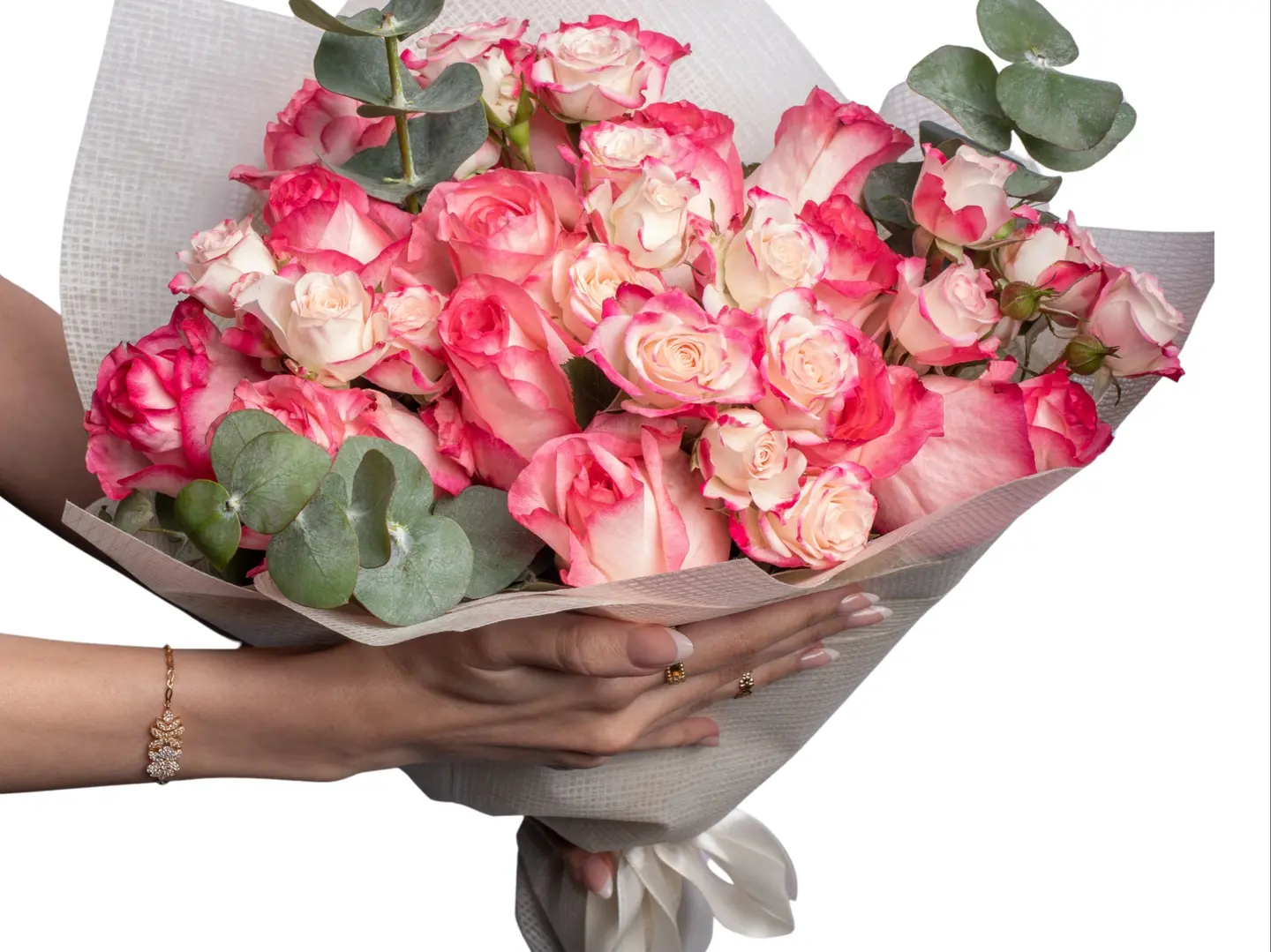 Pink Rose Hand Bouquet With Baby Rose And Eucalyptus