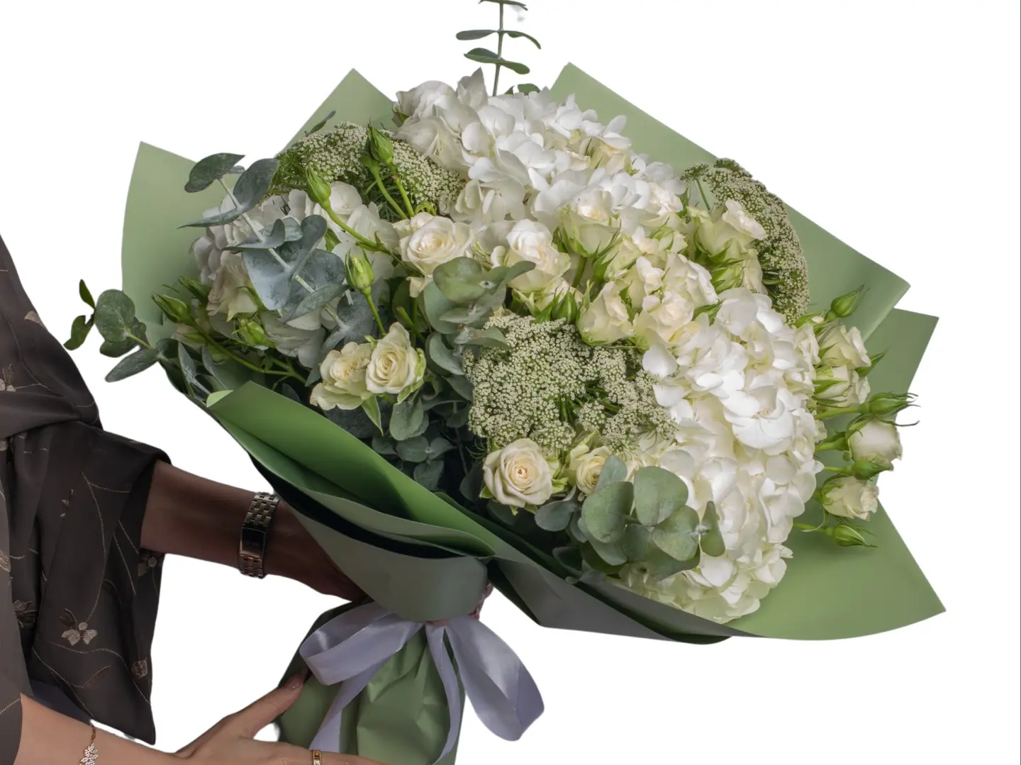 White Hydrangea Bouquet Baby White Rose With Eucalyptus