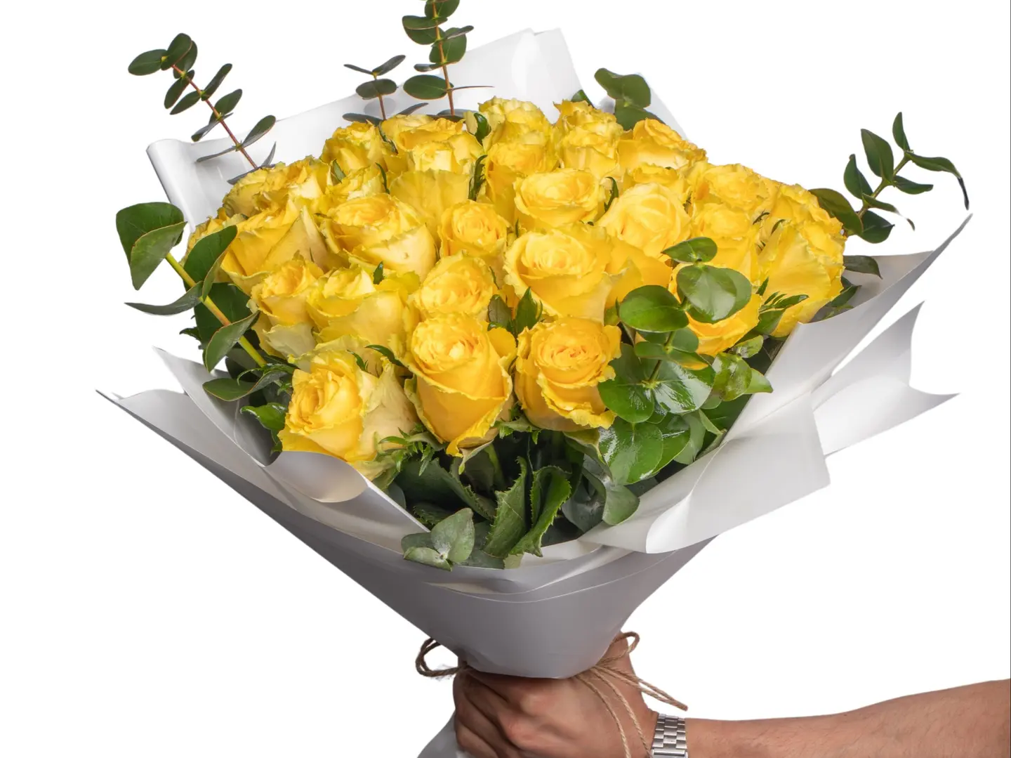 Hand Bouquet Of Yellow Roses With Eucalyptus
