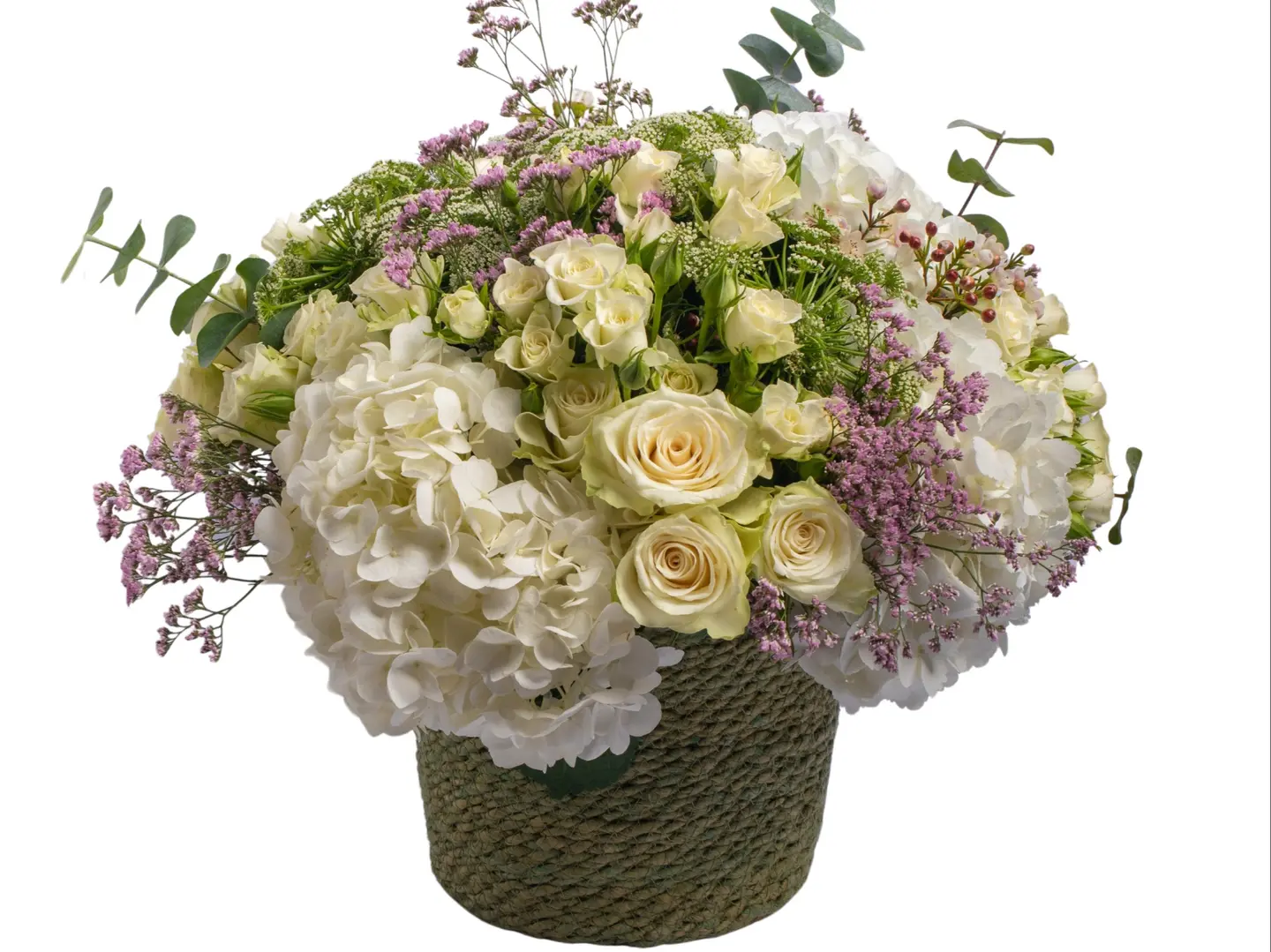 White Rose And Hydrangea Basket With Aluminum