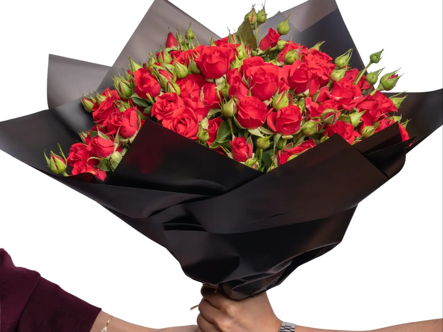 Red Baby Rose Hand Bouquet With Eucalyptus 40 Roses