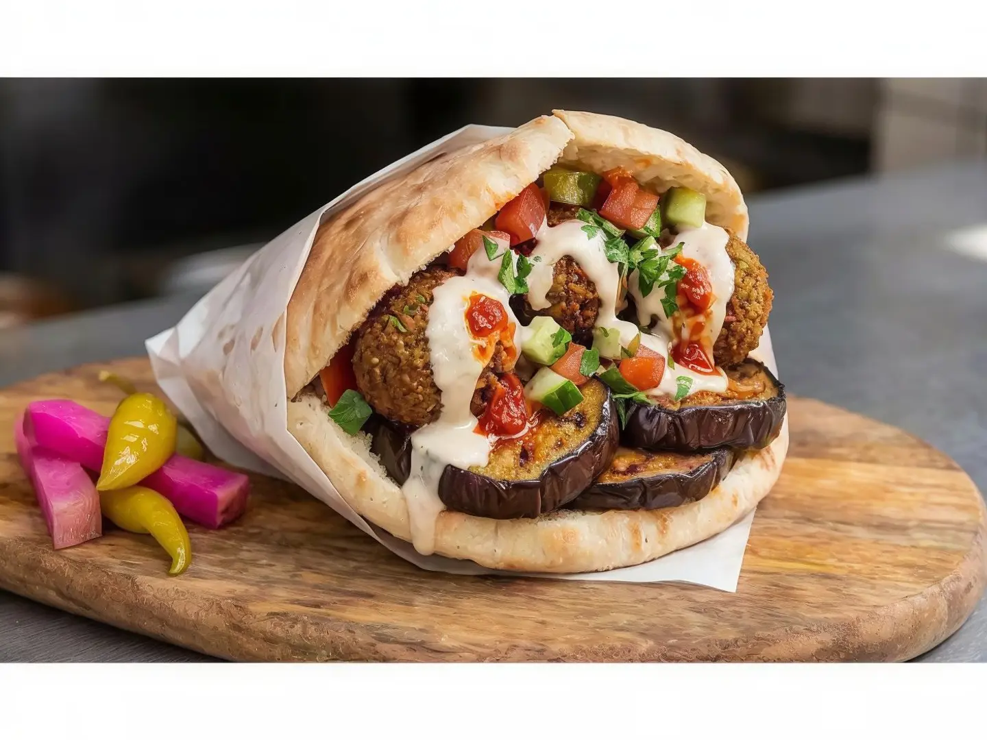 Falafel Mix With Eggplant And Moussaka Sandwich