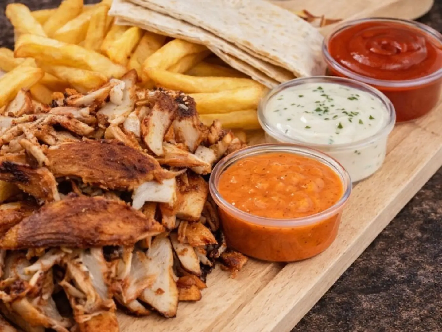 نصف كيلو شاورما فرط مع الصوصات والبطاطس والخبز واضافات مميزة