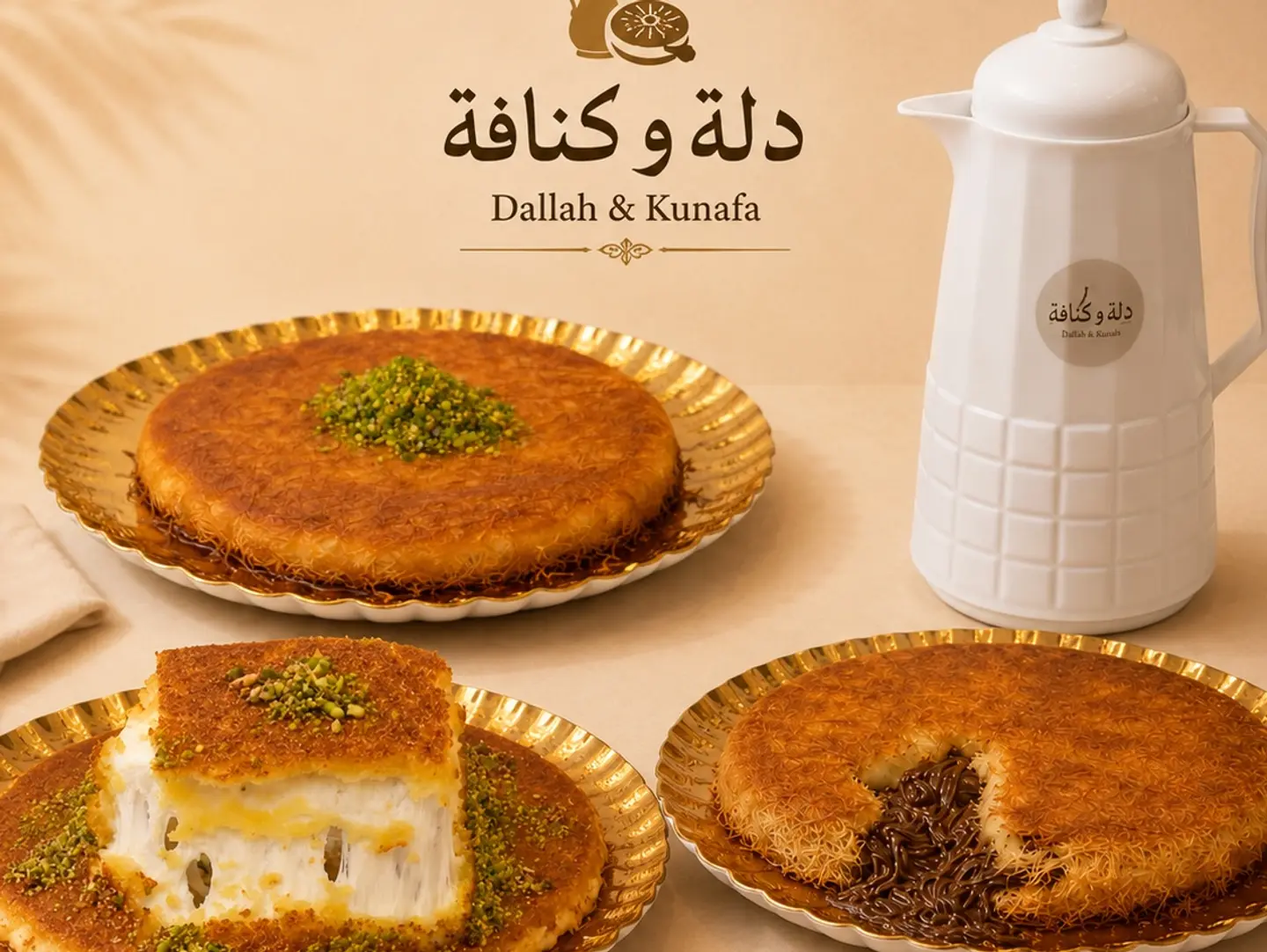 Three Small Kunafas With A Thermos Of Saudi Coffee.