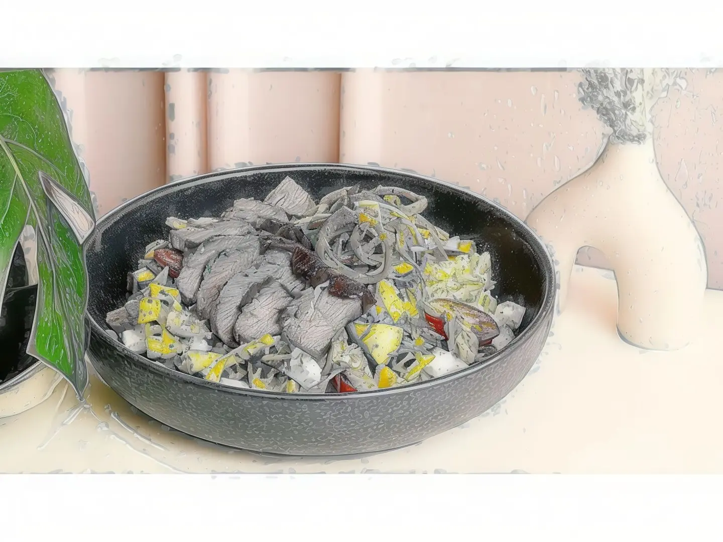 سلطة مع شريحة اللحم المشوية