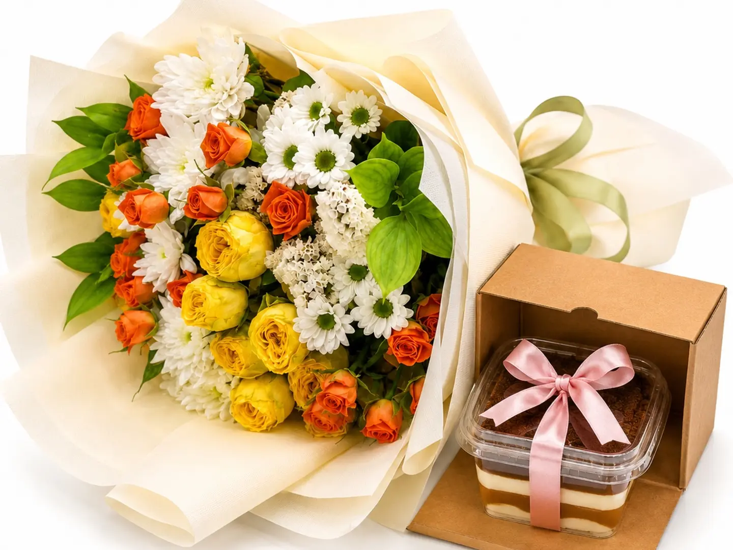A Luxurious Bouquet Of Roses With Dolce Cake