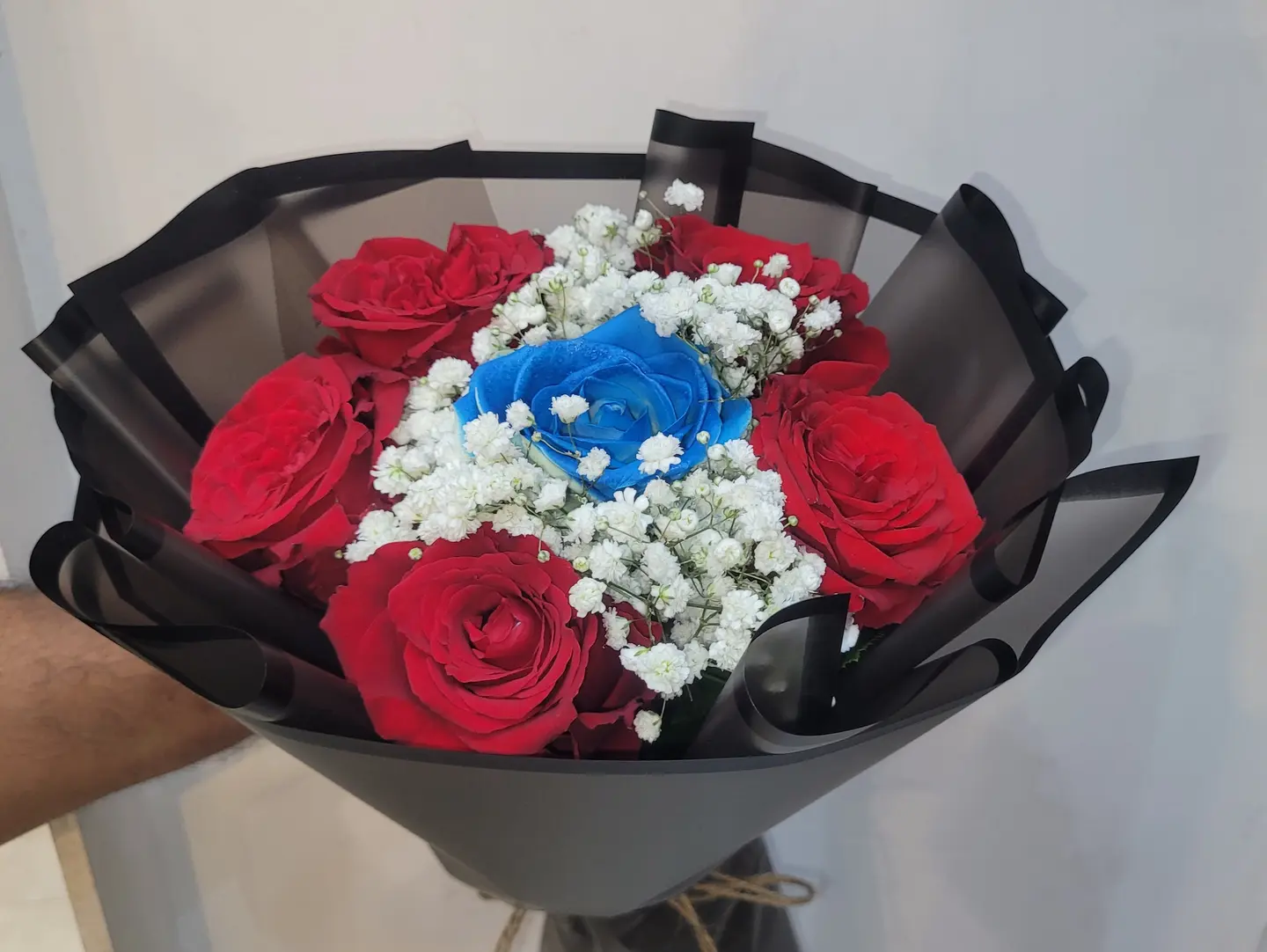 Damask Red With A Blue Rose