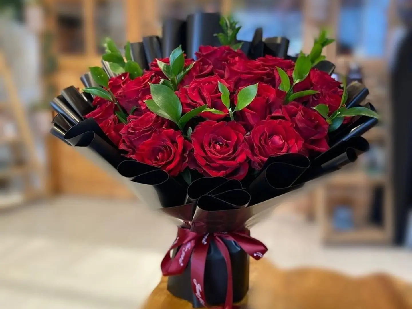 Love Bouquet With Red Roses And Black Wrapping