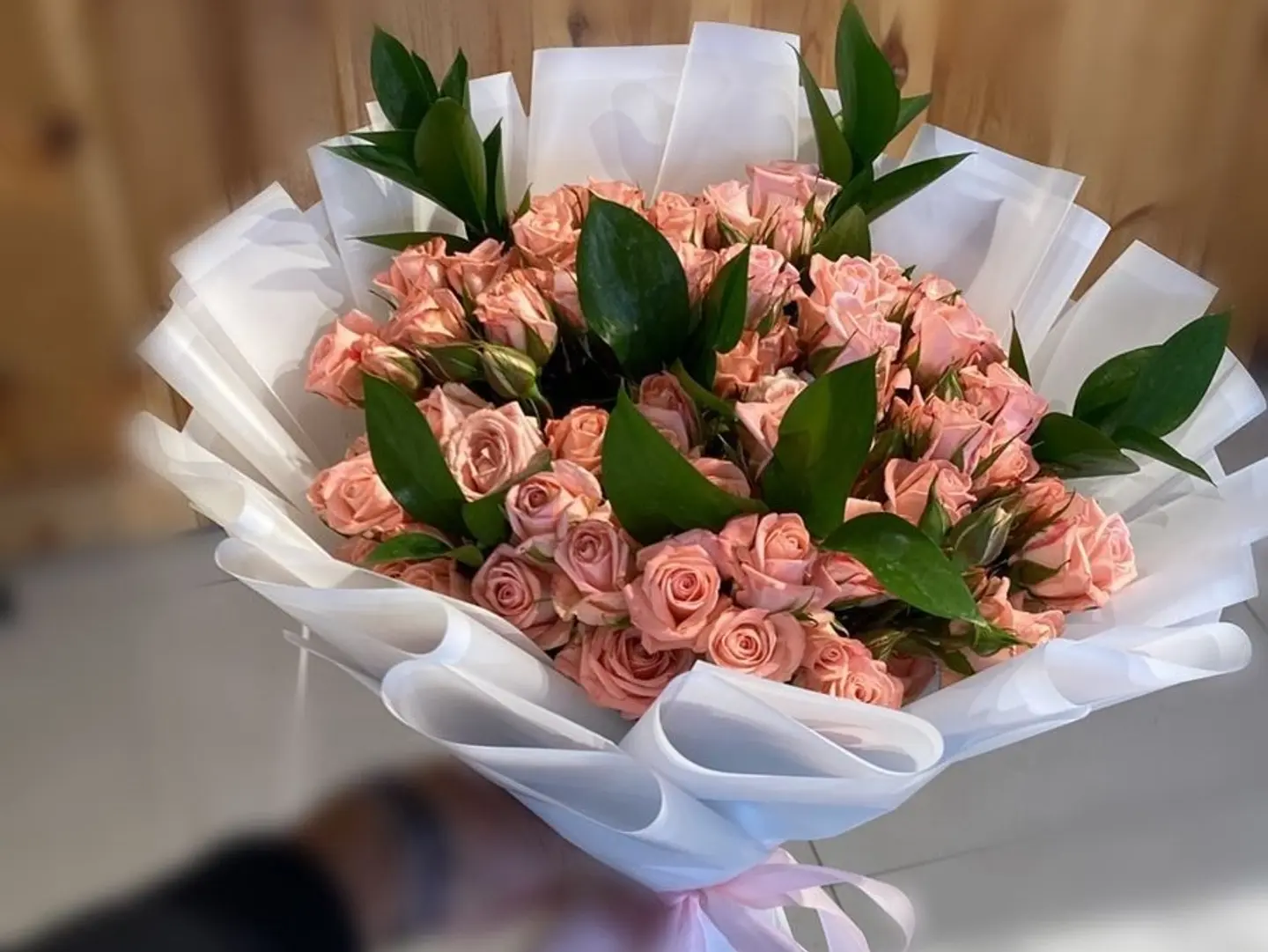 Pink Baby Rose Bouquet With White Wrapping