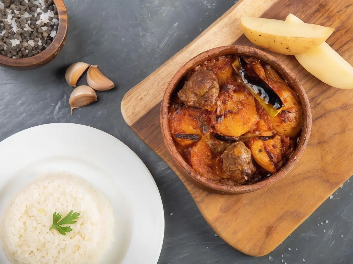 طاجن بطاطس باللحم مع أرز