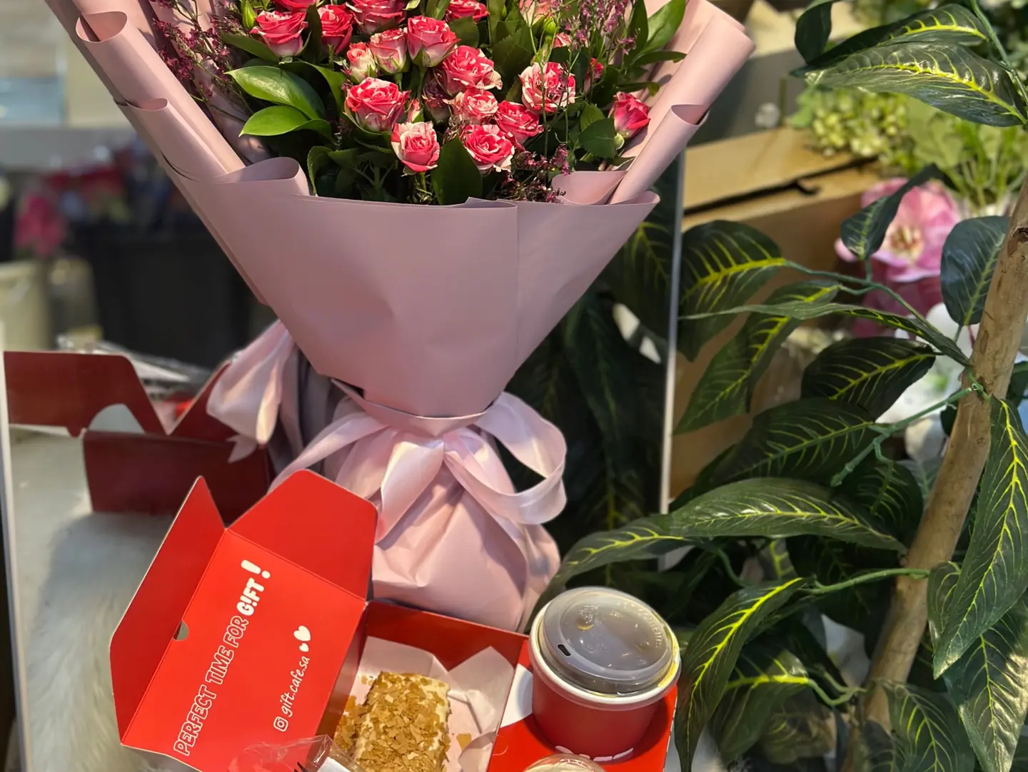 Flower Bouquet With Sweets And Coffee