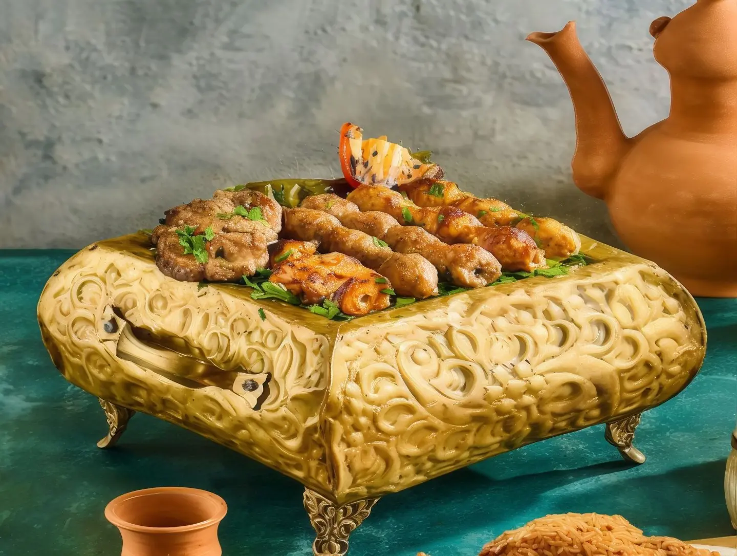 Beef Kebab Skewer, Chicken Kofta Skewer, Basmati Rice, Meat Goulash & 2 Meat Sambousek
