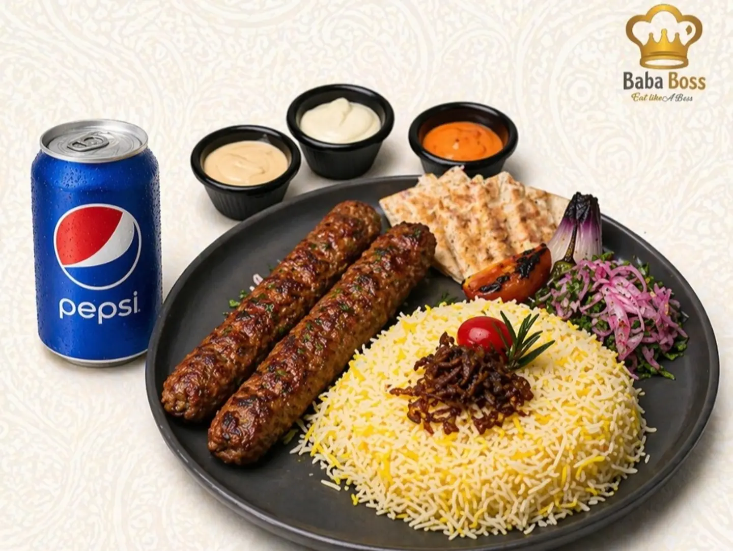 وجبة كباب لحم مع الأرز