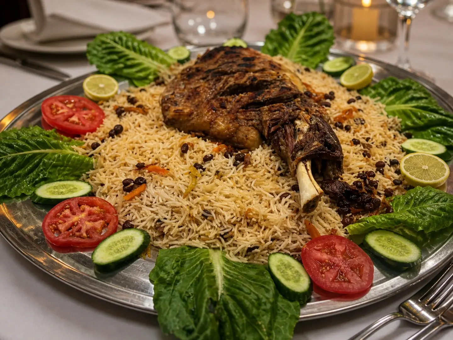 كامل فخذ لحم غنم مشوي مع رز