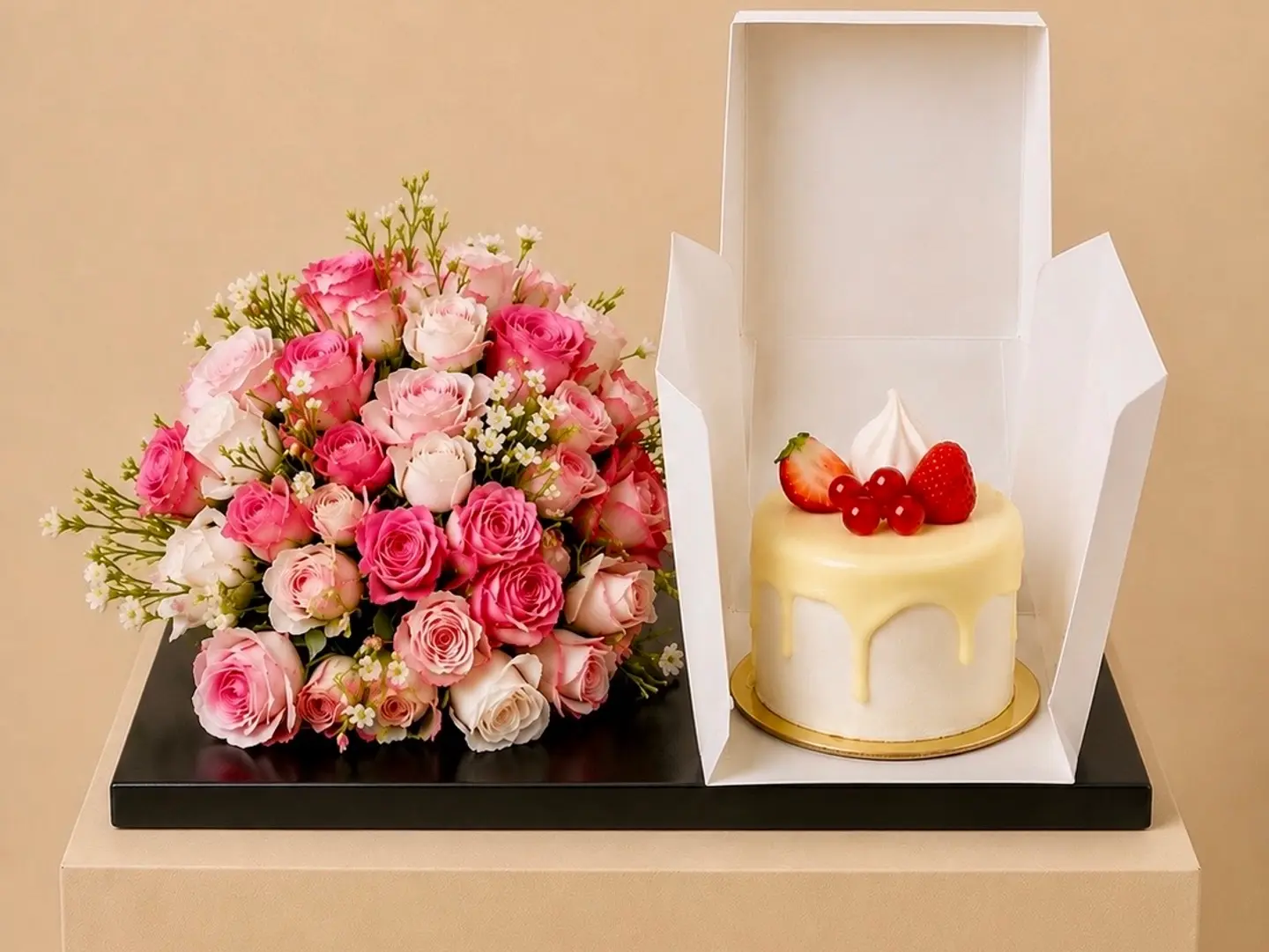 Kendira Red Velvet Cake Design With Pink Roses