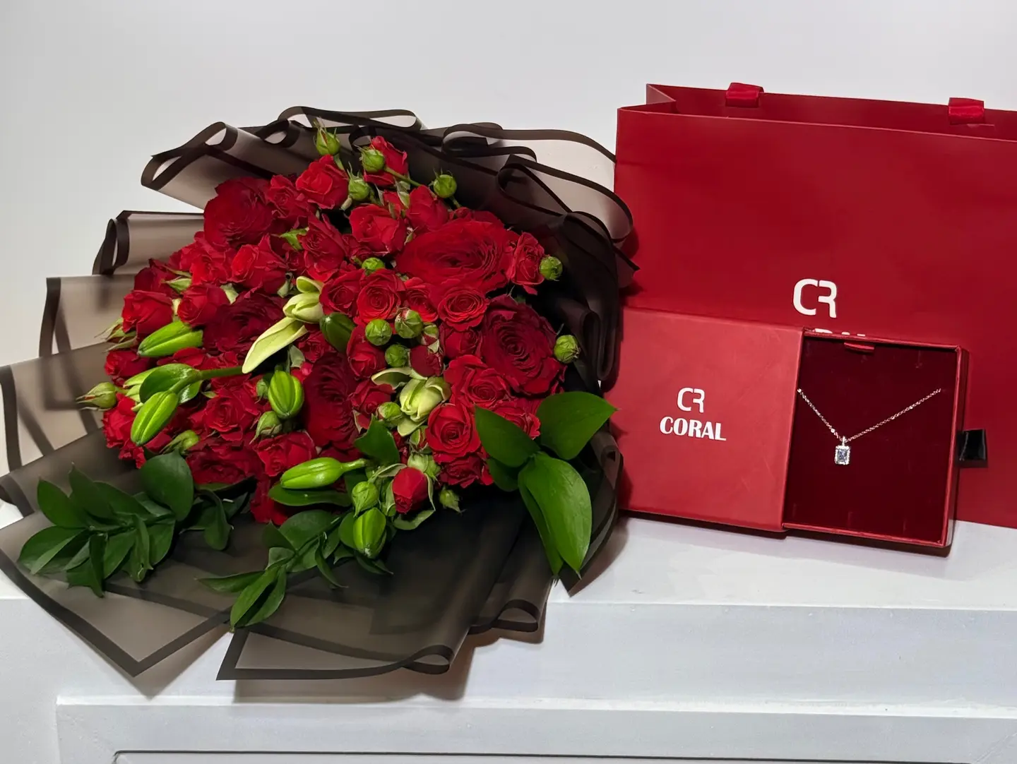 Red Bouquet With Coral Necklace