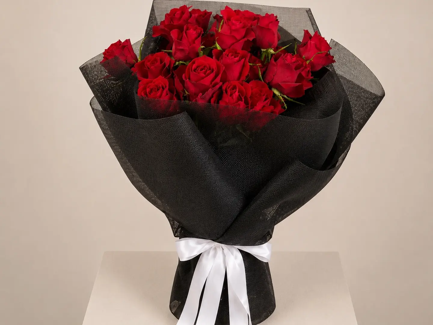 Rose Royal, Red Bouquet In Black Mesh Packaging
