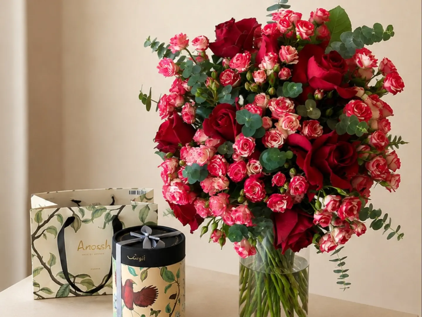 Anoush Vase Arrangement, Double Color And Red
