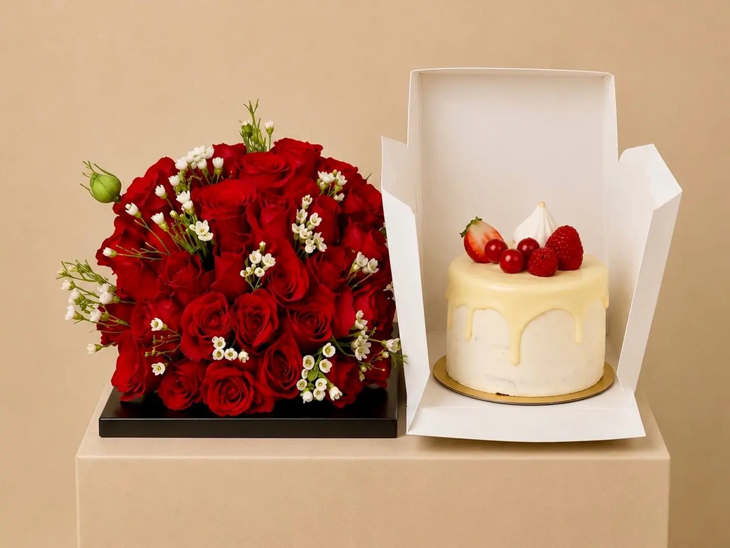 Kendira Red Velvet Cake Arrangement With Red Roses