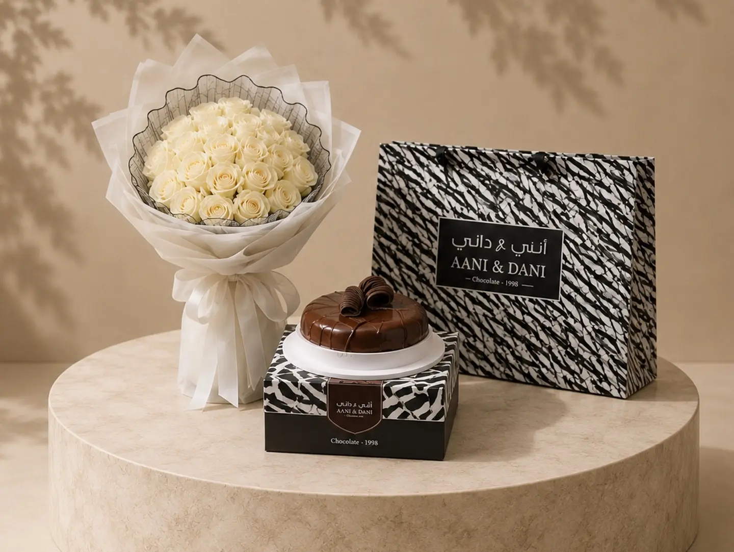 A Bouquet Of White Roses With Aani & Dani 'S Cake