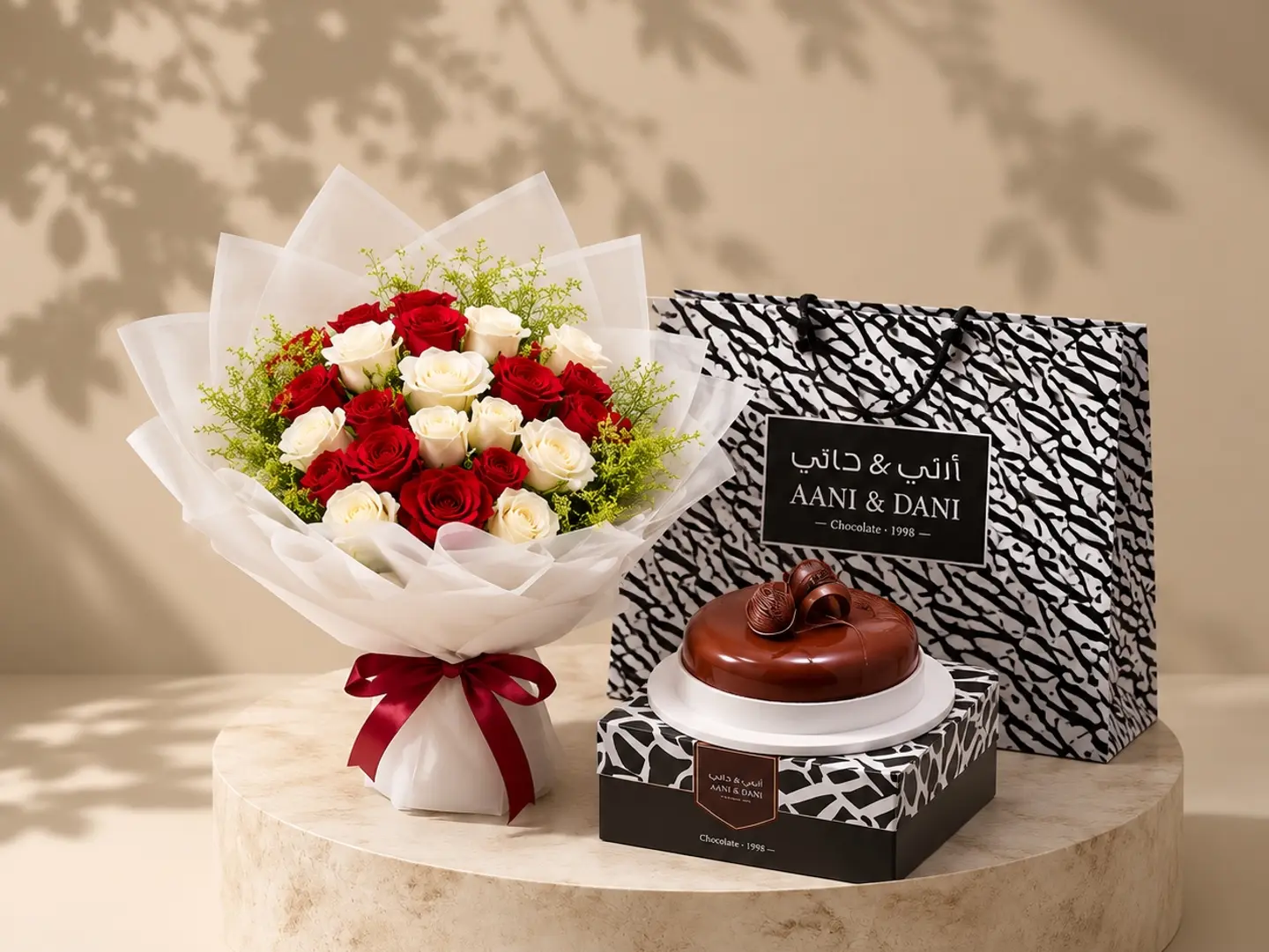 A Luxurious Bouquet Of Roses With Aani & Dani 'S Cake