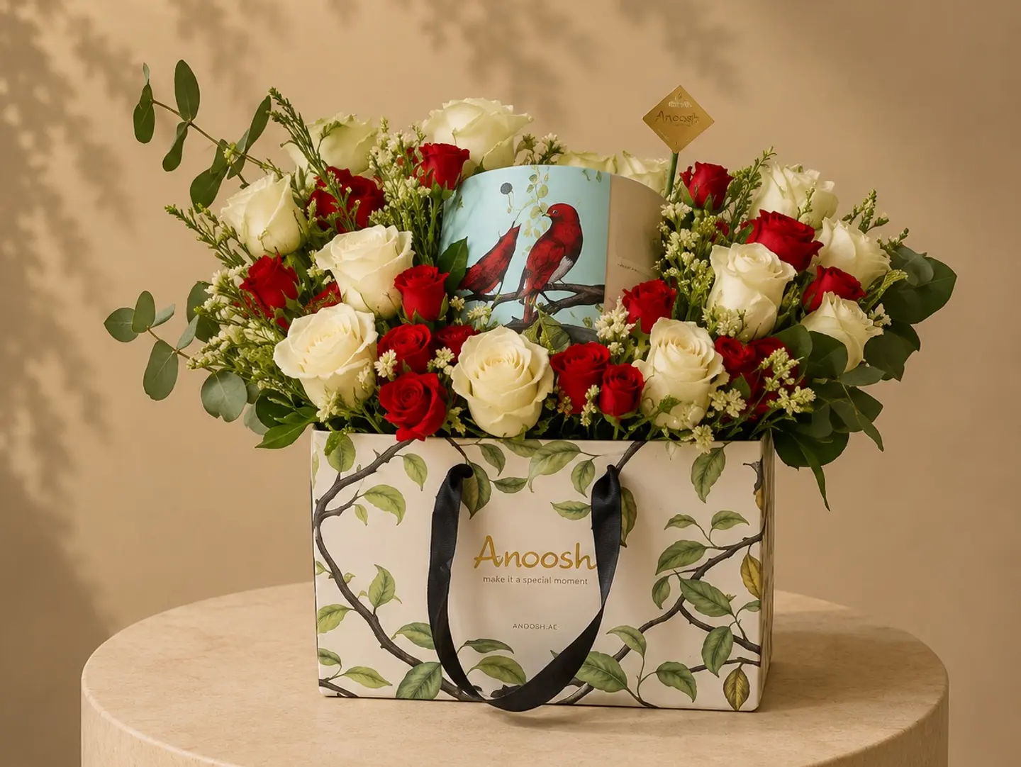 Red And White Rose Arrangement With Anoush Chocolates