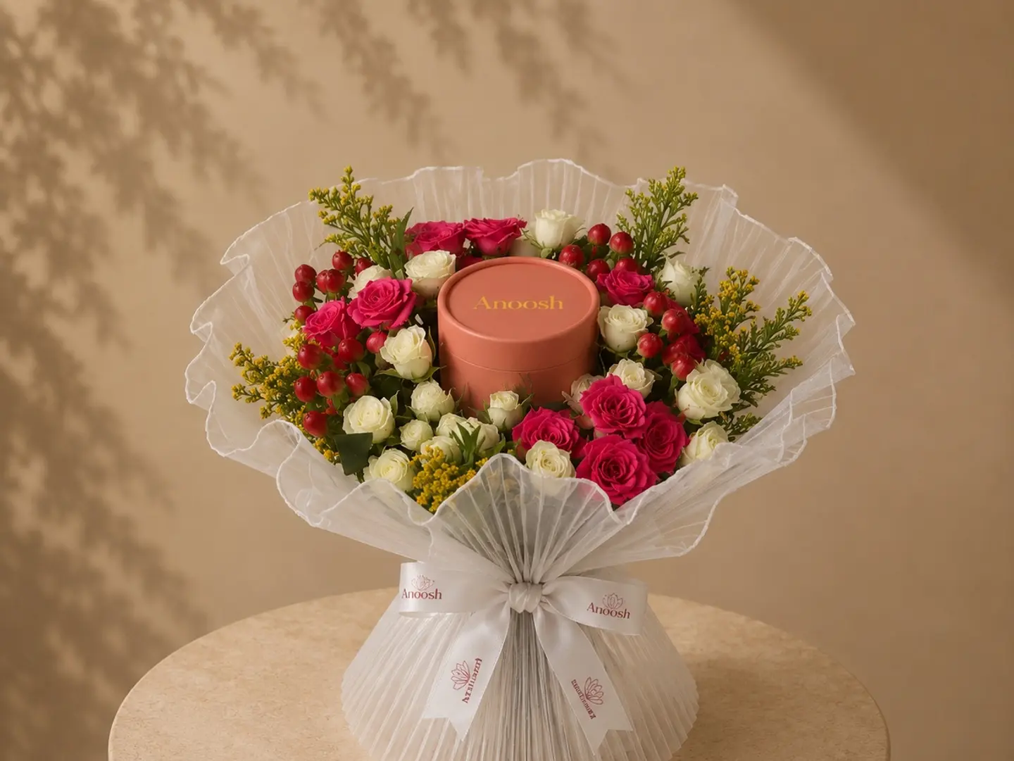 A Bouquet Of Flowers With Anoush Chocolates