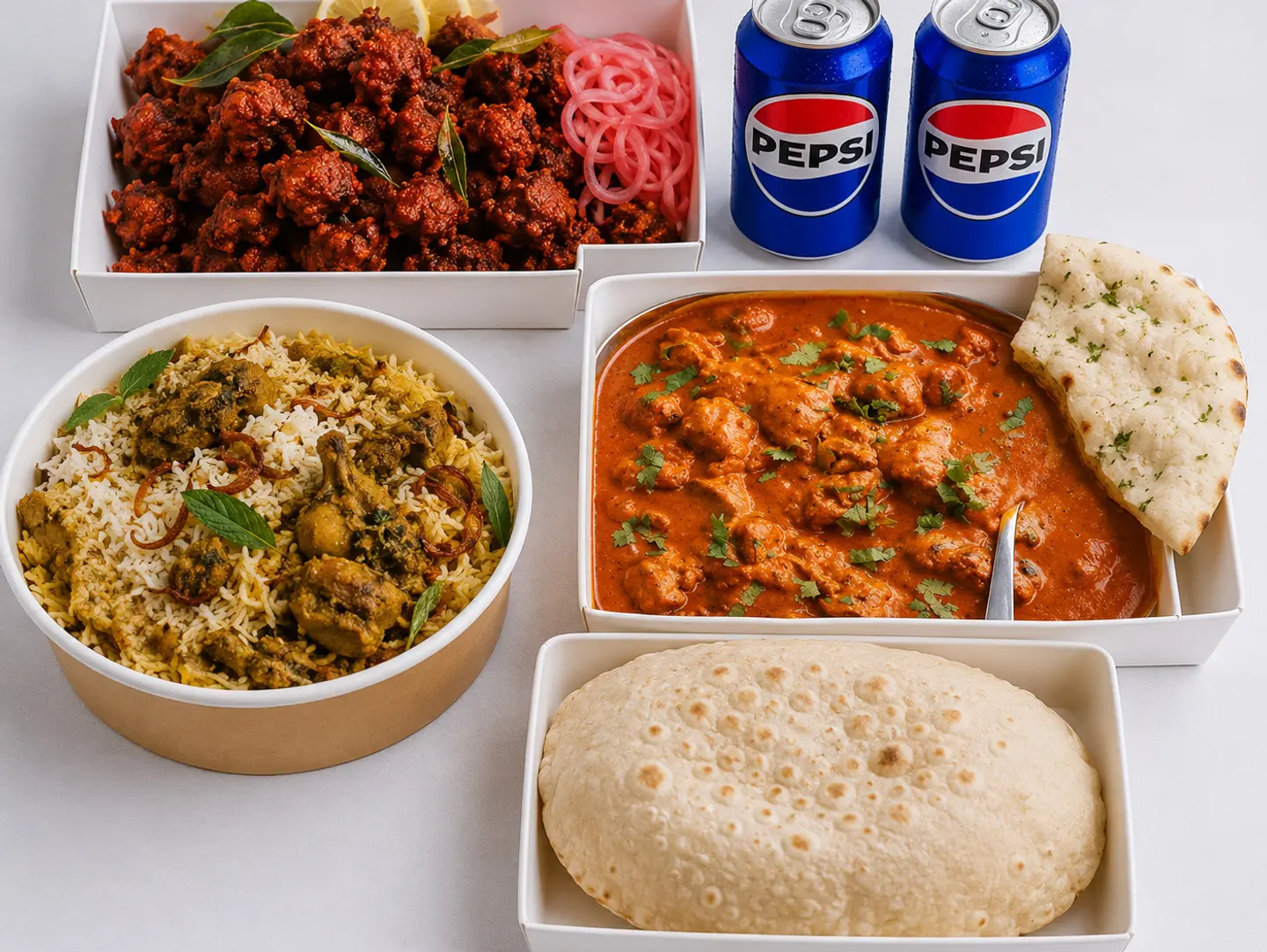 Indian Chicken Biryani, Chicken 65, Chicken Tikka Masala 4 Chapati & 2 Cold Drinks