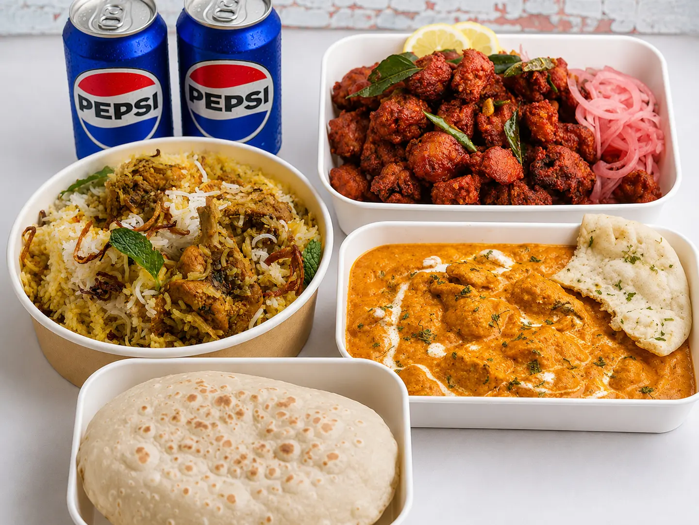 Indian Chicken Biryani, Chicken 65, Butter Chicken 4 Chapati & 2 Cold Drinks