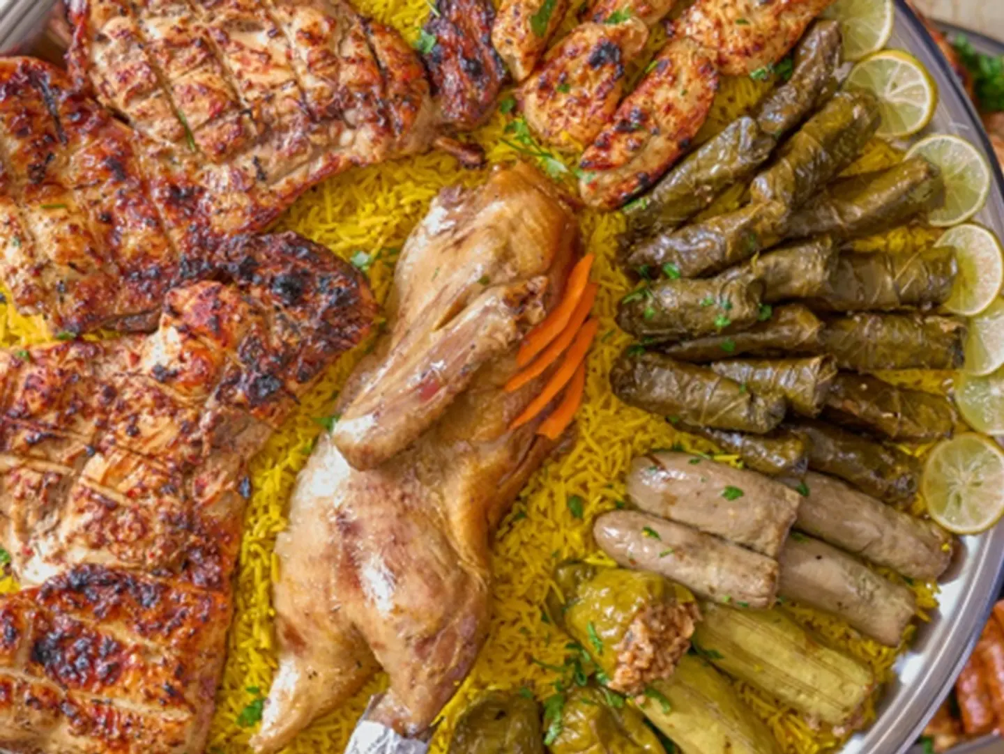 Shilla Tray Whole Shish Chicken   Half Mixed Grills   Sausage   Mombar   2 Hawawshi   Basmati Rice Bed
