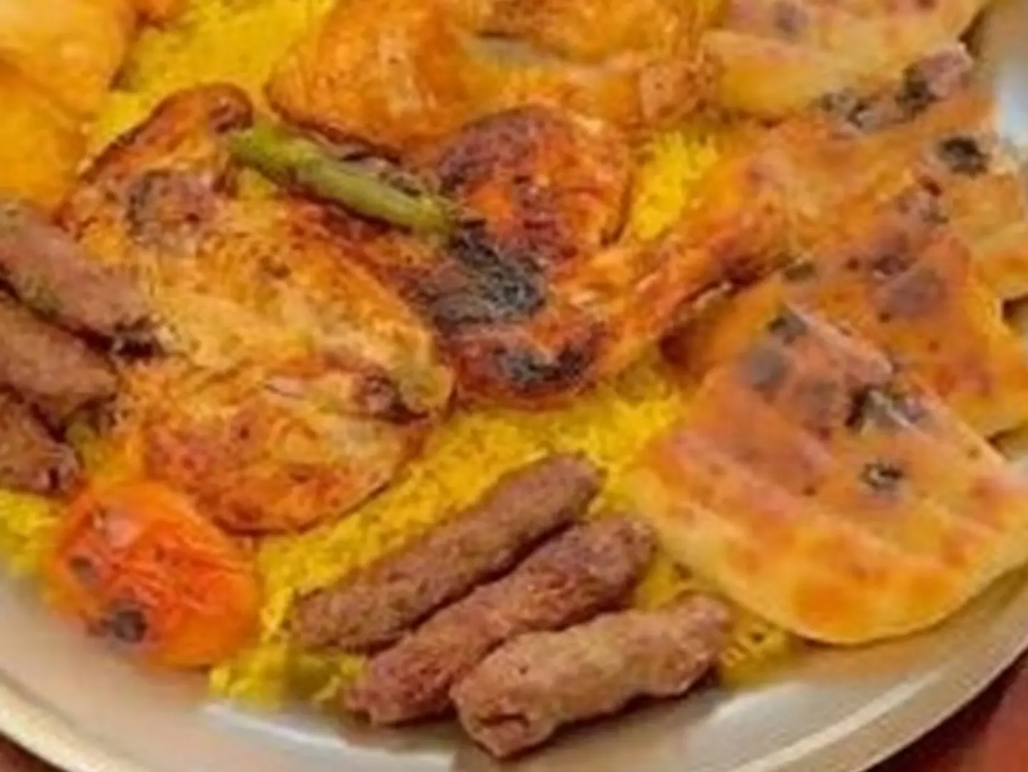 Individual Mixed Tray Quarter Shish Chicken   Kebab Skewer On Tarb   Hawawshi   Basmati Rice Bed