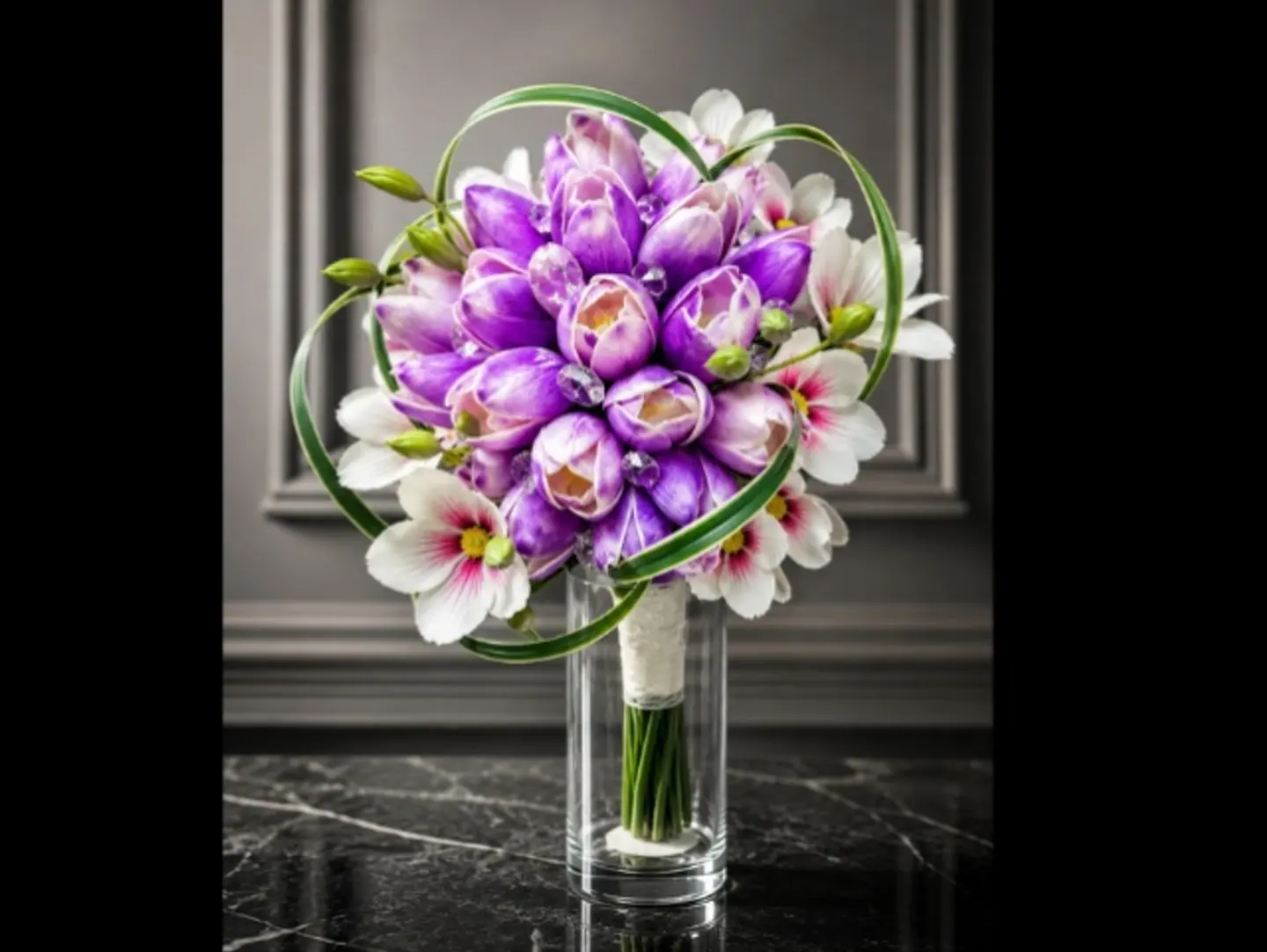 Purple Tulip Bridal Bouquet With Artificial Bird Crystal