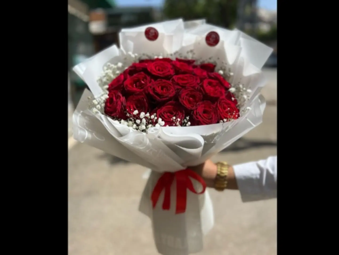 A Bouquet Of 15 Red Roses, White Packaging