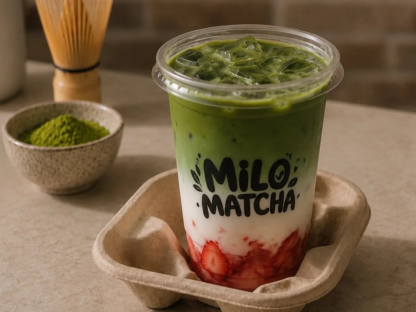 Matcha With Almond Milk And Strawberry Flavor