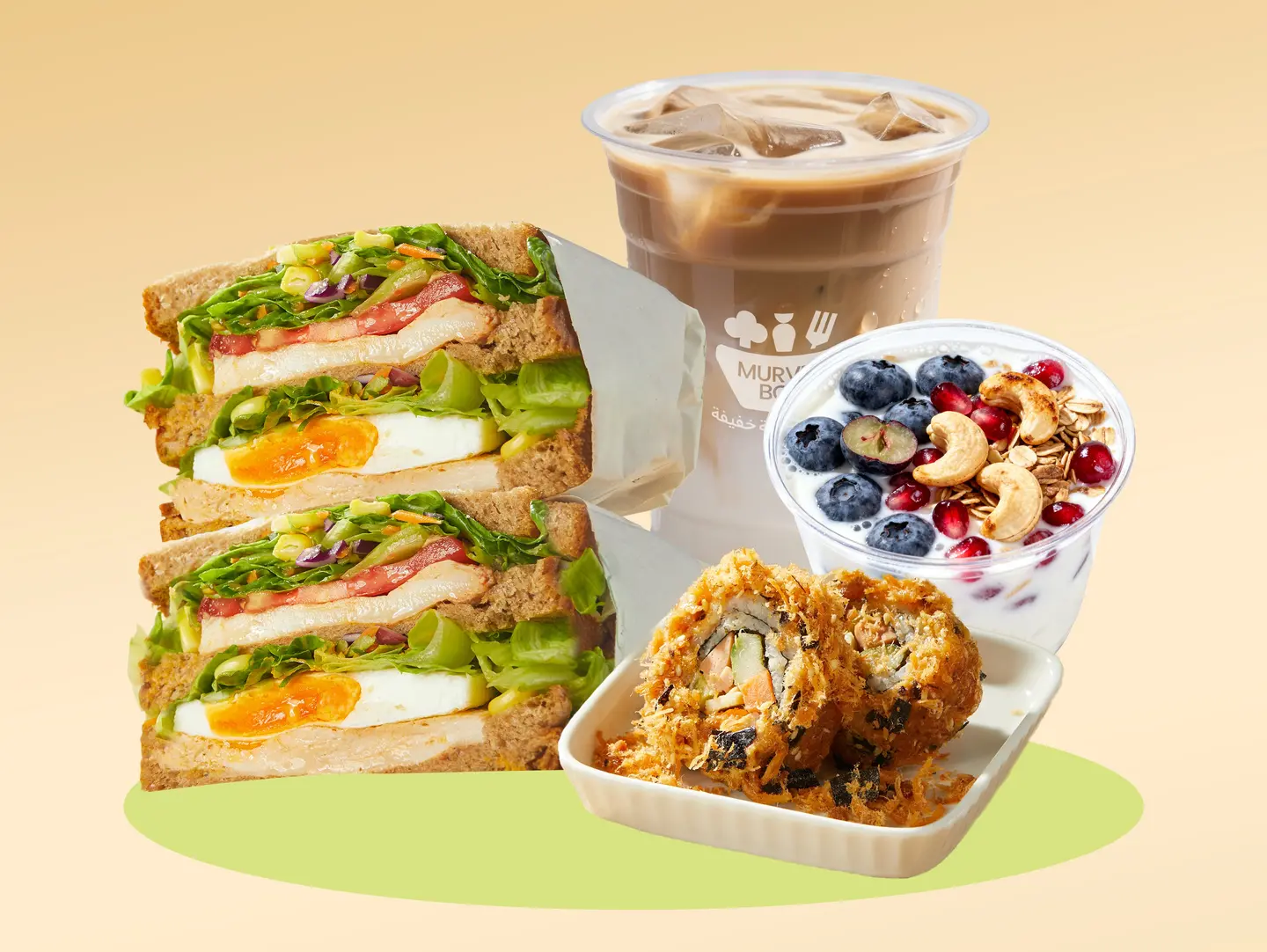 Happy Afternoon Tea: Sandwich, Sushi, Latte With Yogurt Bowl